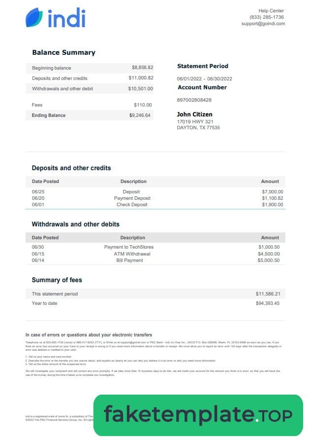 Feature of fake USA Indi bank statement